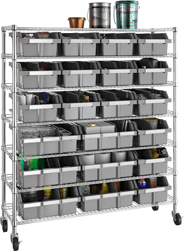 7-Tier NSF 21-Bin Steel Wire Shelving Rack, 48"W x 14"D x 56"H, Gray - color: Gray, size: Includes 21 Bins