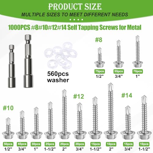 mxuteuk 1000PCS #14#12#10#8 Self Tapping Screws,410 Stainless Steel - size: SV 1000PCS #8 #10#12#14 Kit