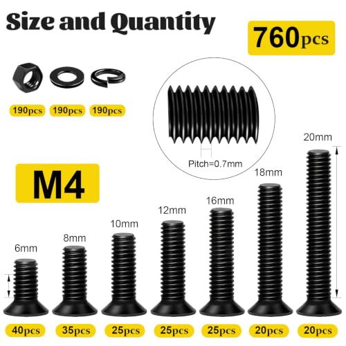 760pcs M4 Flat Head Screws Assortment Kit, M4x6/8/10/12/16/18/20 mm - size: M4 760pcs
