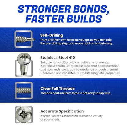 Fastenere Pan Head Self Drilling Tek Screws - #8 x 1/2" (100 Pack) Stainless Steel 410, Full Thread, Bright Plain Finish, Corrosion-Resistant, Self-Drilling, Easy to Install w/Phillips Drive Size #2 - size: #8 x 1/2" (100 Pack)