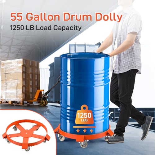 Heavy Duty Drum Dolly for 55 Gallon Barrels – 1250 Lb Capacity, Steel Frame Cart with 5 Swivel Casters & Brakes, Global 24 Inch Platform, Non-Tipping Design for Warehouse Material Handling - size: 5 wheels