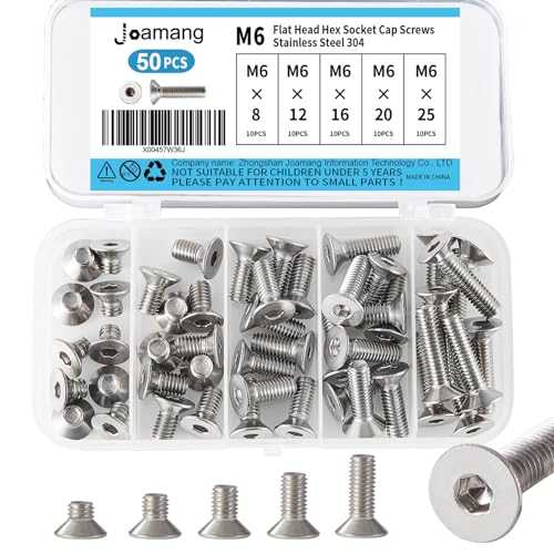 M6 x 8mm 12mm 16mm 20mm 25mm Flat Head Hex Socket Cap Screws Countersunk Bolts, Stainless Steel 304, Metric Allen Drive, Bright Finish, Fully Threaded, Assortment Kit 50PCS - size: M6x8/12/16/20/25 mm