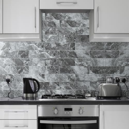 AULIGET 40-Piece Polished Grey Marble with Silver Peel and Stick Backsplash Wall Tiles, 3" x 12" PVC Faux Stone Stick on Tiles for Backsplash Kitchen, Bathroom, Laundry Room, Camper, Fireplace - color: Polished Grey Marble & Silver, size: 40 Pieces, 3"x12
