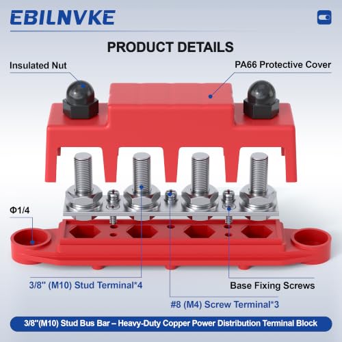 Bus Bar 12V 250A Power Distribution Block 4 x 3/8"(M10) Studs - color: Red&Black M10 250A