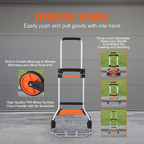 VEVOR Folding Hand Truck and Dolly, 275 Lbs Capacity, Aluminum Foldable Cart, Heavy-Duty Luggage Trolley Cart with Telescoping Handle and PP+TPR Wheels for Home, Office, Shopping, Travel - size: 275 lbs