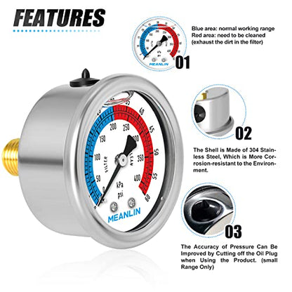 MEANLIN MEASURE 1/4" NPT 0-60psi Pressure Gauge, 2" Dial Glycerine Filled Pool Filter, 304 Stainless Steel Housing, Back Mount, with 1/2" NPT and 3/8" NPT Hex Bushing - size: 0-60Psi/0-400Kpa, style: Center Back Mount