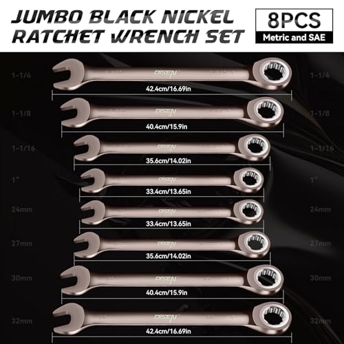 DISEN 8pcs Large Wrench Set Nickel Plating Jumbo Ratcheting Wrench Set - color: Black Nickel
