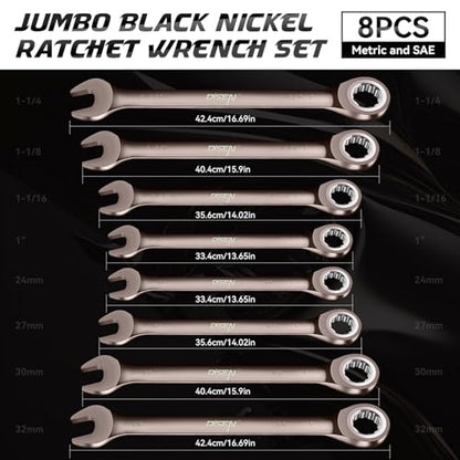 DISEN 8pcs Large Wrench Set Nickel Plating Jumbo Ratcheting Wrench Set - color: Black Nickel