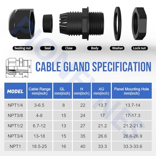 25PCS Cable Gland 3-25mm Waterproof Adjustable 1/4'', 3/8'', 1/2'', 3/4'', 1'' NPT Cable Gland Joints with Gaskets - size: NPT KIT 25pcs