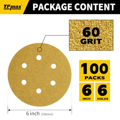 100PCS 6 Inch 60 Grit 150mm 6 Hole Sanding Discs Sandpaper - Premium Gold Round Hook and Loop for Random Orbital Sander - Ideal for Wood, Metal, Automotive - style: 60 Grit - 100 Pack