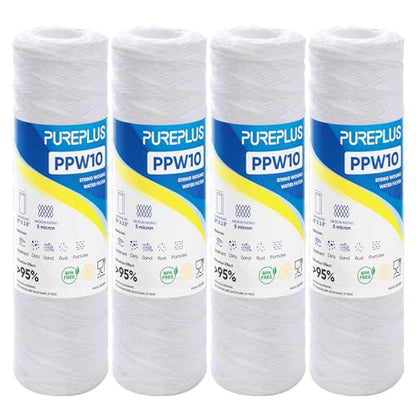 PUREPLUS 5 Micron 10"x2.5" Whole House String Wound Sediment Filter 4 Pack - size: 4 Count (Pack of 1)