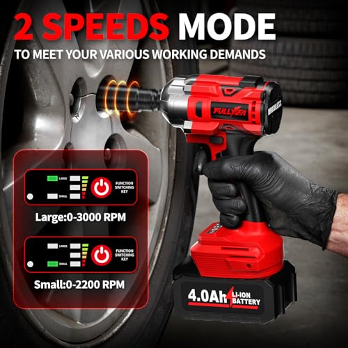 FULLYEA Cordless Impact Wrench 1/2 Inch, 406Ft-lbs (550N. M) Brushless Impact Gun Kit, 3000RPM High Torque Power Impact Wrench, 4.0Ah Battery & Fast Charger, Electric Impact Driver for Car Home