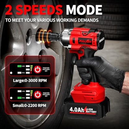 FULLYEA Cordless Impact Wrench 1/2 Inch, 406Ft-lbs (550N. M) Brushless Impact Gun Kit, 3000RPM High Torque Power Impact Wrench, 4.0Ah Battery & Fast Charger, Electric Impact Driver for Car Home
