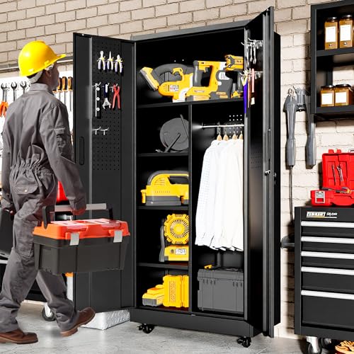 71" Tall Broom Closet Storage Cabinet with Lock,Heavy Duty Garage Storage Cabinet,Large Cleaning Cabinet with Adjustable Shelves & Hanging Rod,Broom Cabinet for Laundry Room,Tool Room,Office - color: Black, size: 2 Doors & Hanging Rod