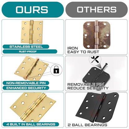 6 Pack Gold 4'' Ball Bearing Door Hinges, 4 x 4 Inch Exterior Door Hinge - color: Gold