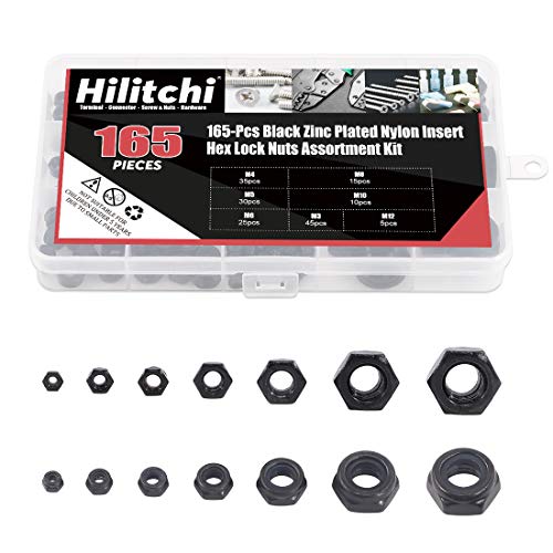 Hilitchi 165-Pcs Black Zinc Plated Nylon Insert Hex Lock Nuts Assortment Kit