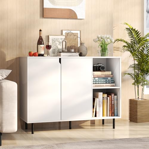 LOKO Modern Kitchen Buffet Cabinet with Adjustable Shelves, 2 Doors, White