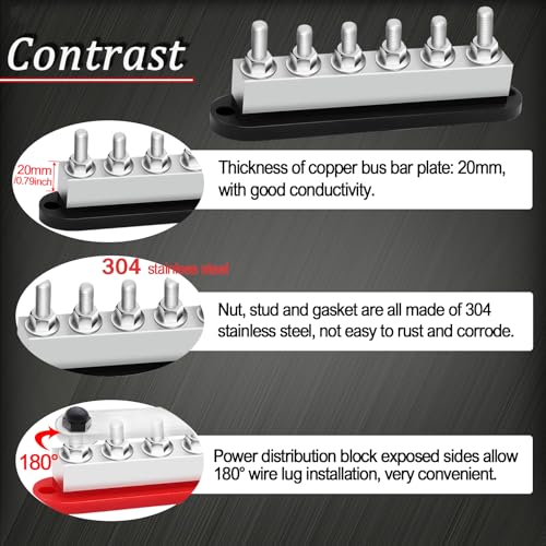 650A Bus Bar 12V Marine 3/8" Power Distribution Block Automotive Busbar Terminal Block,Battery Buss Bar (Pair, Red & Black) 6 x 3/8" Post - size: 650A 6x3/8"