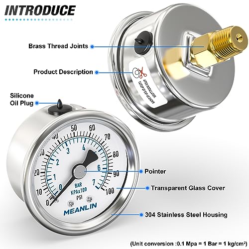 MEANLIN MEASURE 0~100Psi Dry Pressure Gauge Stainless Steel 1/4" NPT 2" FACE DIAL Waterproof for Well Pump Water Tire Water Pressure Tester Back Mount, with 1/2" NPT and 3/8" NPT Hex Bushing - size: 0-100Psi