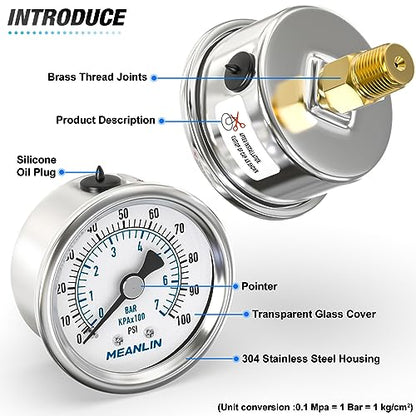 MEANLIN MEASURE 0~100Psi Dry Pressure Gauge Stainless Steel 1/4" NPT 2" FACE DIAL Waterproof for Well Pump Water Tire Water Pressure Tester Back Mount, with 1/2" NPT and 3/8" NPT Hex Bushing - size: 0-100Psi