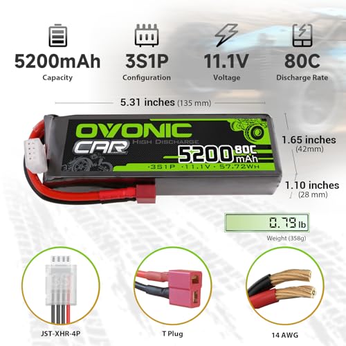 OVONIC 3S Lipo Battery 5200mAh 11.1V 80C RC Battery with Dean-Style T Connector for RC Car Boat Truck Helicopter Airplane Racing Models