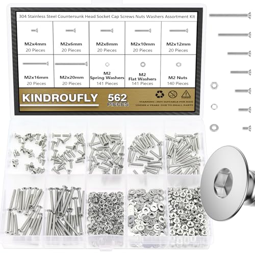 562 Pieces M2 x 4/6 /8/10 /12/16 /20mm Countersunk Head Socket Cap Screws Nuts Washers Assortment Kit, 304 Stainless Steel, Fully Machine Thread - size: M2, style: Countersunk Head Socket Cap
