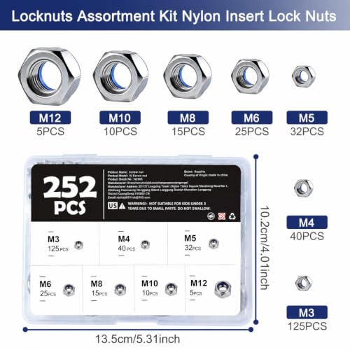 252 Pcs Metric Stainless Steel Nylon Insert Lock Nuts Assortment