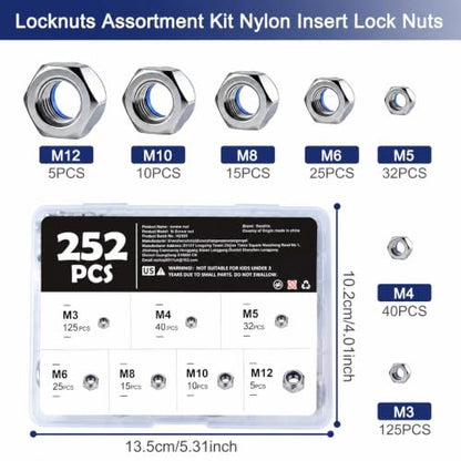 252 Pcs Metric Stainless Steel Nylon Insert Lock Nuts Assortment