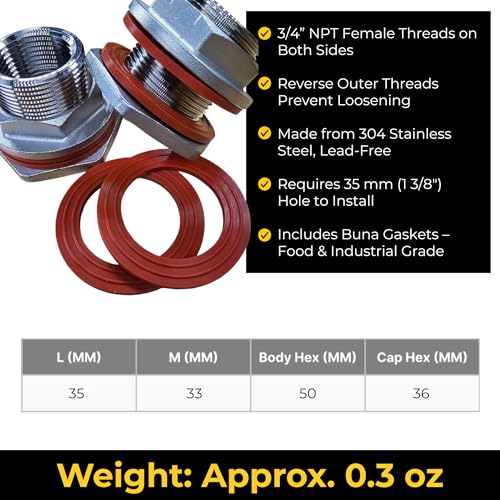 MiniBrew 3/4” NPT EZ Seal Weldless Bulkhead with Buna-N Gaskets for Homebrewing - size: 3/4"- BUNA N, style: Pack of 1