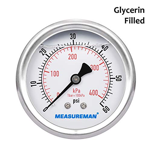 MEASUREMAN 2-1/2inch Dial Size, Liquid Filled Pressure Gauge, 0-60psi/400kpa, 304 Stainless Steel Case, 1/4inchNPT Back Mount - size: 0-60 psi, style: Back Mount