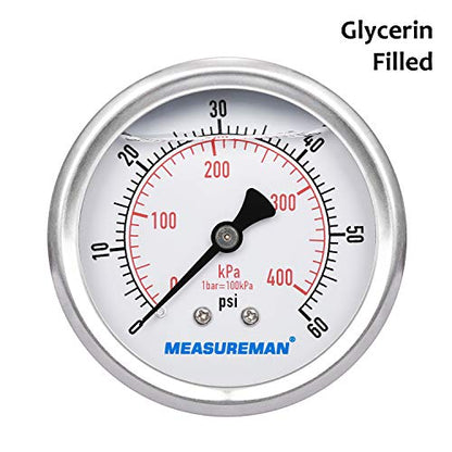 MEASUREMAN 2-1/2inch Dial Size, Liquid Filled Pressure Gauge, 0-60psi/400kpa, 304 Stainless Steel Case, 1/4inchNPT Back Mount - size: 0-60 psi, style: Back Mount