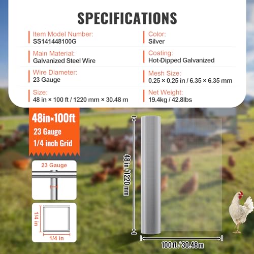 VEVOR Hardware Cloth, 1/4 inch 48in x 100 ft 23 Gauge, Hot Dipped Galvanized Wire Mesh Roll, Chicken Wire Fencing, Wire Mesh for Rabbit Cages, Garden, Small Rodents - size: 48"x100'