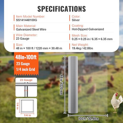 VEVOR Hardware Cloth, 1/4 inch 48in x 100 ft 23 Gauge, Hot Dipped Galvanized Wire Mesh Roll, Chicken Wire Fencing, Wire Mesh for Rabbit Cages, Garden, Small Rodents - size: 48"x100'
