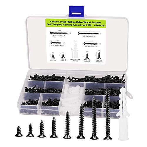 M3 Flat Head Wood Screws Assortment, 420pcs Black Self Tapping Screws - color: M3-Black, size: 420PCS