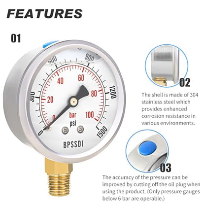 0-1500 Psi Glycerin Liquid Filled Hydraulic Pressure Gauge, 2.5" Dial Size, 1/4" NPT Lower Mount, 304 Stainless Steel Case, for Water Oil Air Gas Pressure Test - size: 0-1500 psi, style: Lower Mount