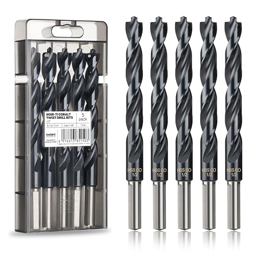 toolant 1/2" Cobalt Drill Bit Set for Metal and Steel (Pro), Titanium Aluminum Nitride Coated (TiAlN) with Bullet Point Tip, for Hardened Metal, Stainless Steel, 5-Piece Bulk - size: 1/2 in (5pcs)