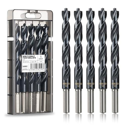 toolant 1/2" Cobalt Drill Bit Set for Metal and Steel (Pro), Titanium Aluminum Nitride Coated (TiAlN) with Bullet Point Tip, for Hardened Metal, Stainless Steel, 5-Piece Bulk - size: 1/2 in (5pcs)