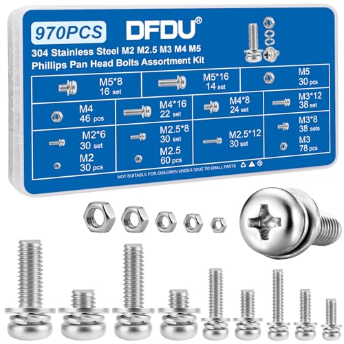 970PCS M2M2.5M3M4M5 Phillips Pan Head Bolts and Nuts Assortment Kit - size: SS M2M2.5M3M4M5 970PCS