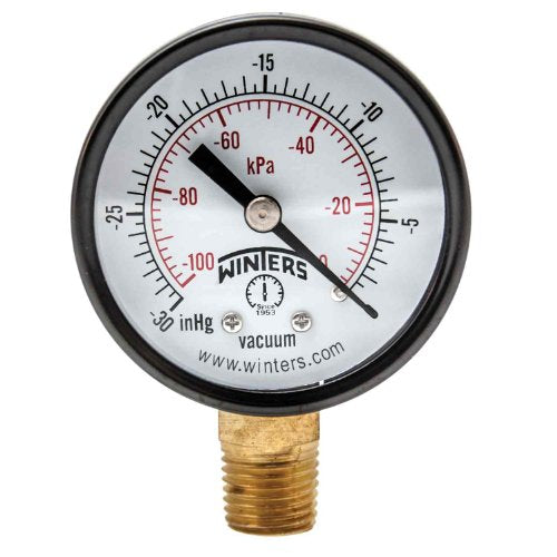 Winters 2 inch Dial Size, Multi Function Economy Utility Dry Pressure Gauge, Brass Internals, Steel Case, Dual Scale 30 inch Hg-0 Vac/kPa, 3-2-3% Accuracy, 1/4" NPT Bottom Mount, Vacuum Pressure Gauge - style: 30" Hg VAC/KPA