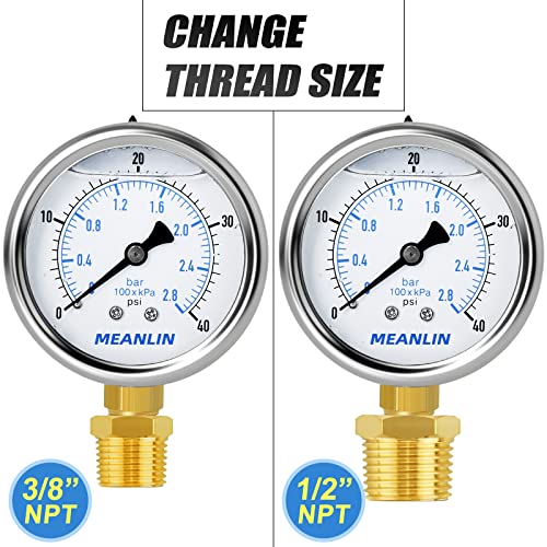 MEANLIN MEASURE 0~40Psi Stainless Steel 1/4" NPT 2.5" FACE DIAL Liquid Filled Pressure Gauge WOG Water Oil Air Lower Mount, with 1/2" NPT and 3/8" NPT Hex Bushing - size: 0-40Psi