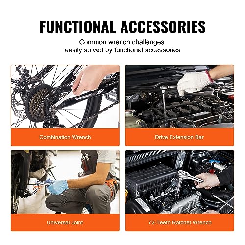 VEVOR Mechanics Tool Set and Socket Set, 1/4" and 3/8" Drive Deep and Standard Sockets, 145 Pcs SAE and Metric Mechanic Tool Kit with Bits, Combination Wrench, Hex Wrenches, Accessories, Storage Case - size: 145-PCS