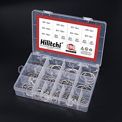 Hilitchi 200-Pcs [15-Size] Internal Circlip Snap Retaining Clip Ring Assortment Set - 304 Stainless Steel