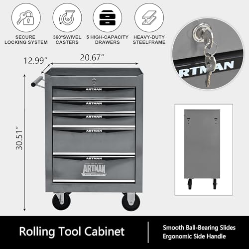 5-Drawer Rolling Tool Chest, Lockable for Garage, Silver - color: Silver, size: 5-Drawers
