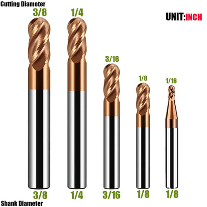 1/16" 1/8" 3/16" 1/4" 3/8" Carbide Ball Nose end Mill Bits Set - 5Pcs 4 Flutes TISIN Coated - for Alloy Steels, Hardened Steels