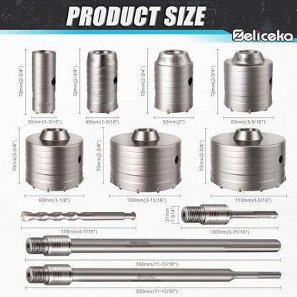 Concrete Hole Saw Kit with Upgraded SDS Plus & Max Shank, Kit Size 30 40 50 65 80 100 110 MM, Concrete Hole Saw Set for Concrete Brick Stone Cement Wall