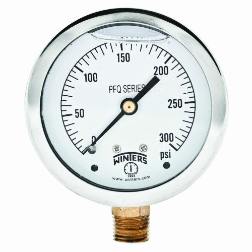 Winters 2-1/2" Dial Size, Liquid Filled Industrial Pressure Gauge, Brass Internals, 304 Stainless Steel Case, Single Scale 0-300 psi, 1.5% Acc, 1/4" NPT Bottom Mount, Glycerin Filled Pressure Gauge - style: 0/300 PSI
