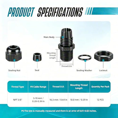 12 Pcs 3/8" NPT Cable Glands Waterproof Strain Relief Connector - color: 12 Pcs 3/8" NPT