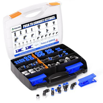 TAILONZ PNEUMATIC 1/4"3/8"1/2"1/8" Blue Straight and Elbow Push to Connect Fittings Air Hose Fittings,Suitable for Nylon/Polyurethane Air Tube and Other Connection Kits 64PCS - color: Blue, size: 1/4"3/8"1/2"1/8"OD/64PCS