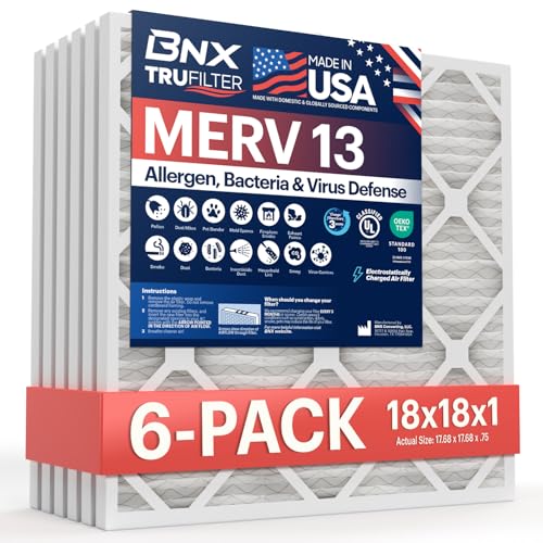 BNX TruFilter 18x18x1 Air Filter MERV 13 (6-Pack) - MADE IN USA - Electrostatic Pleated Air Conditioner HVAC AC Furnace Filters for Allergies, Pollen, Mold, Bacteria, Smoke, Allergen, MPR 1900 FPR 10 - size: 18x18x1 6-Pack