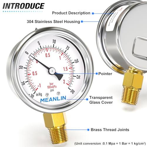 MEANLIN MEASURE -30inHG~30Psi Vacuum Gauge Stainless Steel 1/4" NPT 2" FACE DIAL Waterproof for Air Compressor HVAC Negative Pressure Hand Pump Pool Lower Mount, with 1/2" NPT and 3/8" NPT Hex Bushing - size: -15-30Psi